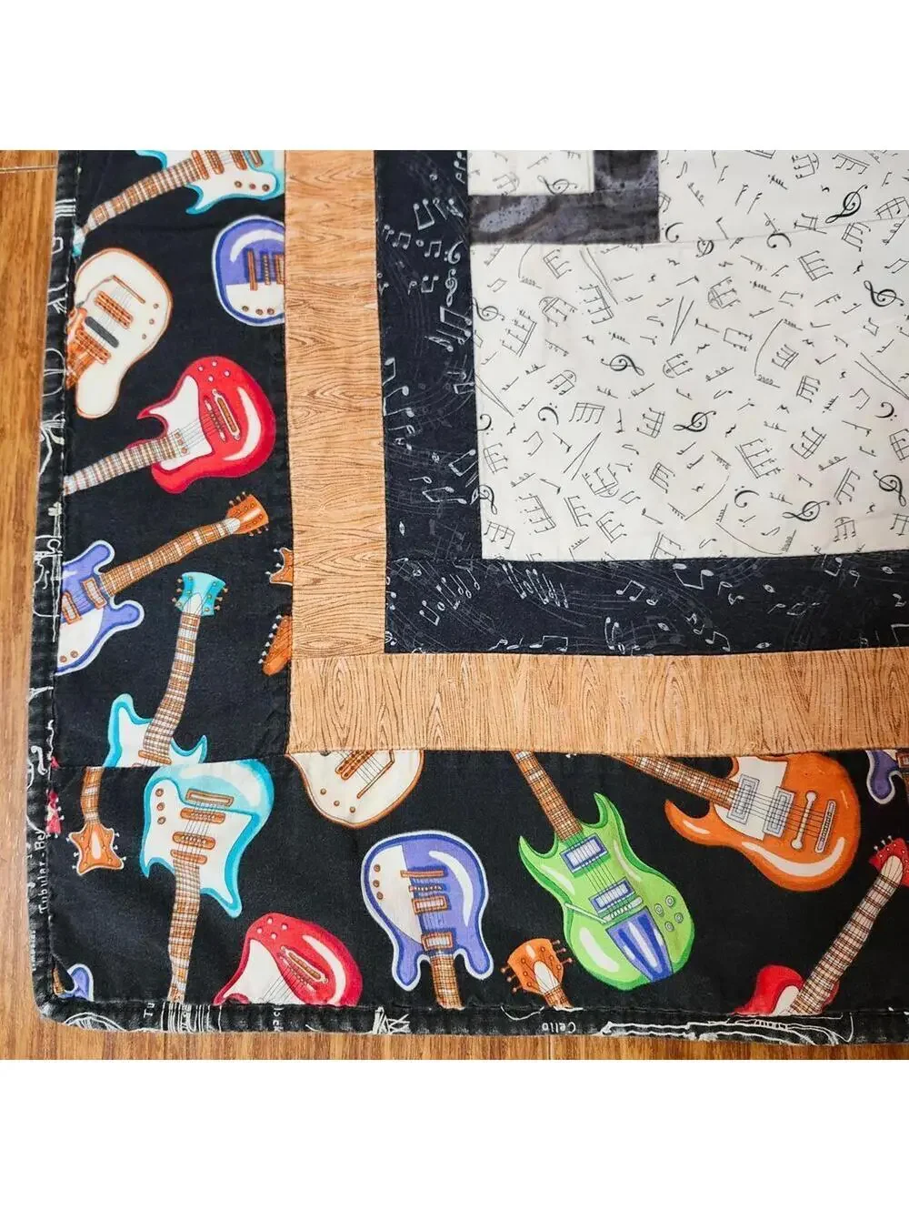 Colorful Handmade Quilt with Musical Guitar Border 60 x 86 Inch